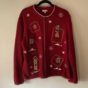 Y2K Grandma Full Zip Knit Cardigan Sweater‎ SZ XL Embroidered Birdhouse Cottage